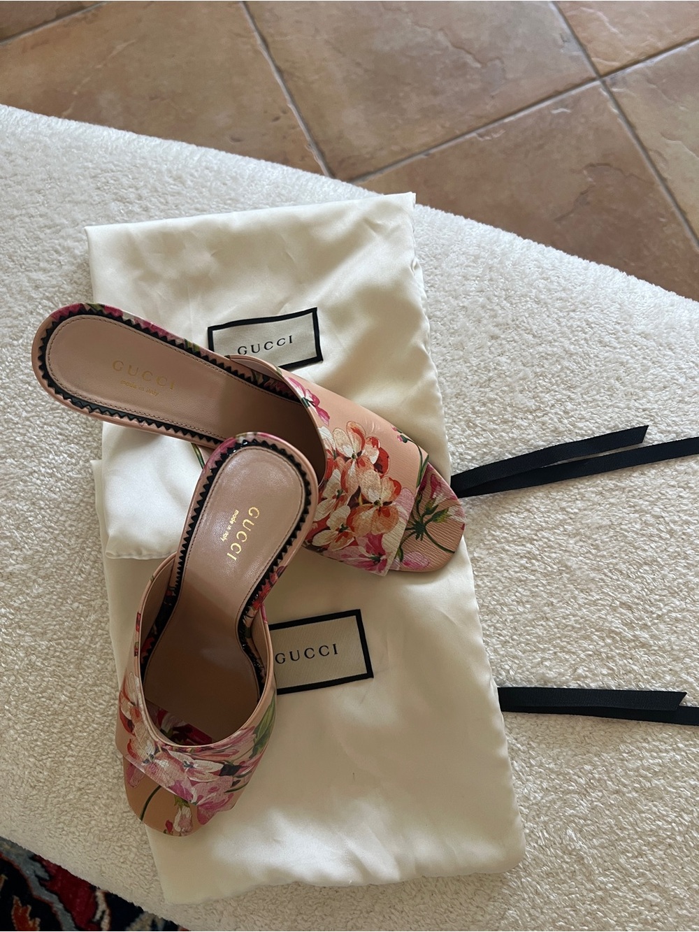 Gucci Pink Floral Open-Toe Slide Mules